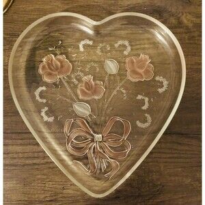 HEART SHAPE PINK ROSES PLATTE GLASS CANDY COOKIES DISH 13"X12" PINK ROSES & BOW